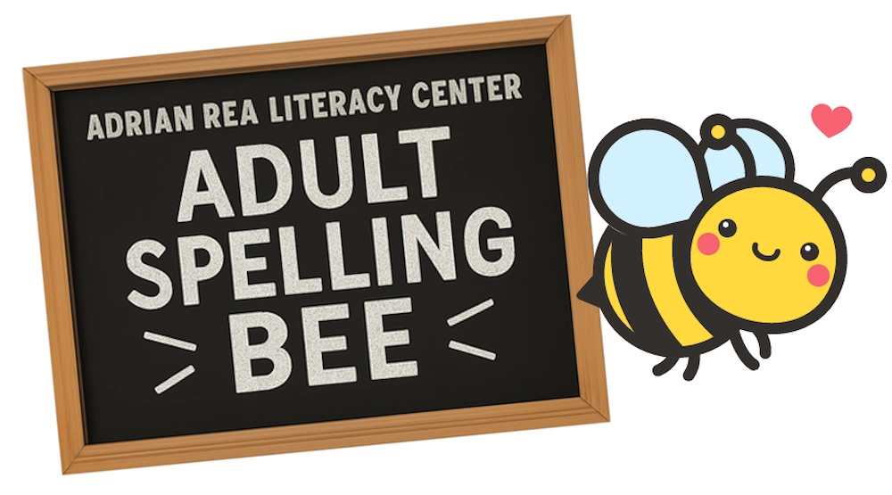 Spelling bee chalkboard info with graphic of bee
